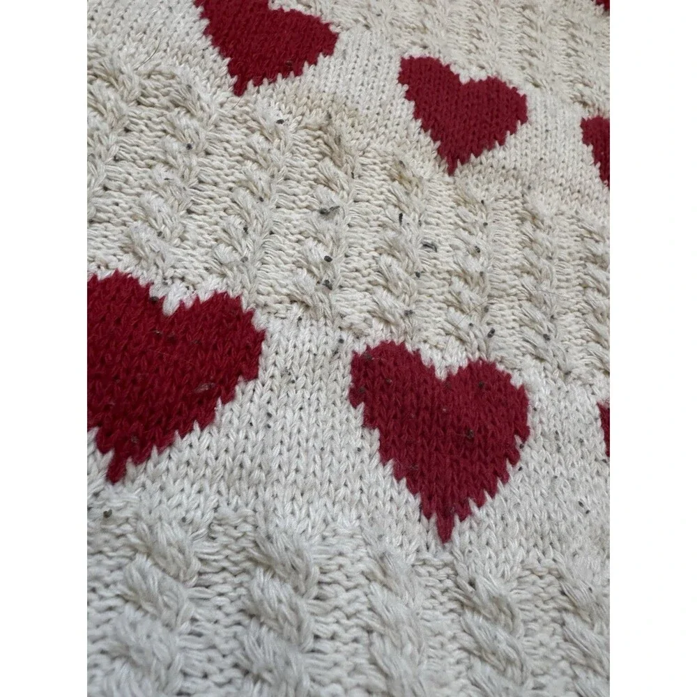 Heart Pattern Knit Tote Bag Cream Red Hearts Shoulder Bag  Casual